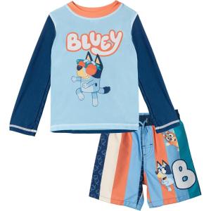 Bluey Rash Guard and Swim Trunks UPF 50+ Outfit Set Infant to Little Kid Sizes (12 Months – 7-8)(Sky Blue / Navy / Orange)