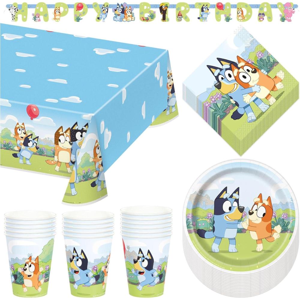 image:imageBluey Party Supplies Bluey Theme Birthday Paper Dessert Plates Napkins Cups Table Cover and Happy Birthday Banner Decoration 16 Plates amp Napkins
