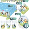 Bluey Party Supplies – Bluey Theme Birthday Paper Dessert Plates, Napkins, Cups, Table Cover, and Happy Birthday Banner Decoration (16 Plates & Napkins)
