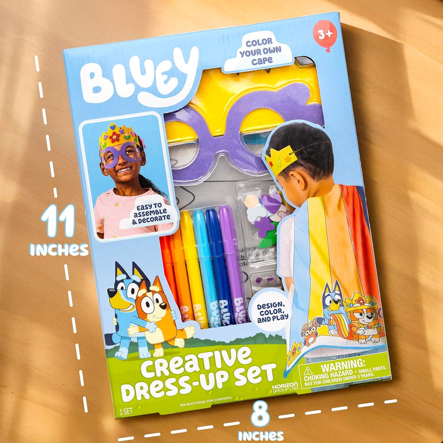image:imageBluey Creative DressUp Set Includes Colorable Cape Felt Crown amp Play Mask Foam Stickers Coloring Markers and Gems Bluey Toys Toddler Activities Dress Up Costumes for Kids Fun Family Toy
