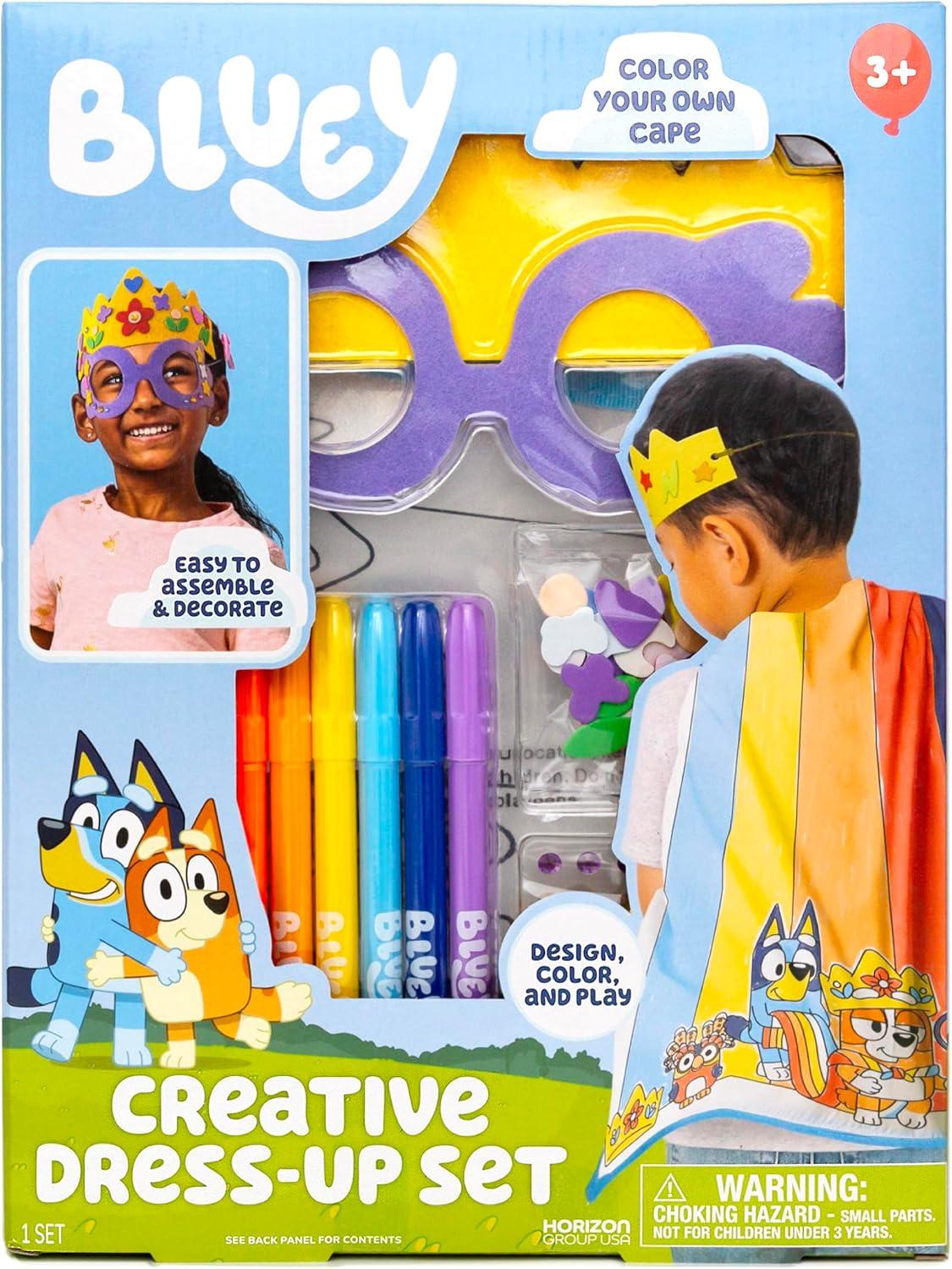 image:imageBluey Creative DressUp Set Includes Colorable Cape Felt Crown amp Play Mask Foam Stickers Coloring Markers and Gems Bluey Toys Toddler Activities Dress Up Costumes for Kids Fun Family Toy