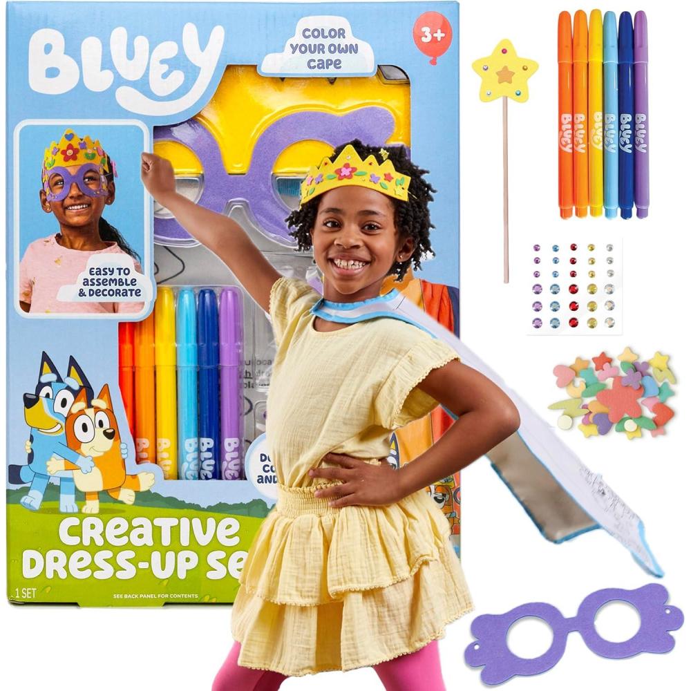 image:imageBluey Creative DressUp Set Includes Colorable Cape Felt Crown amp Play Mask Foam Stickers Coloring Markers and Gems Bluey Toys Toddler Activities Dress Up Costumes for Kids Fun Family Toy
