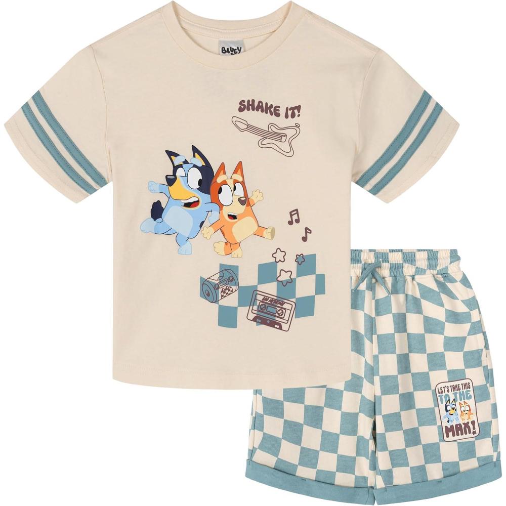 image:imageBluey Drop Shoulder TShirt and Shorts Outfit Set Toddler to Big Kid Sizes 2T 1012Cream Blue