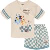 Bluey Drop Shoulder T-Shirt and Shorts Outfit Set Toddler to Big Kid Sizes (2T – 10-12)(Cream / Blue)