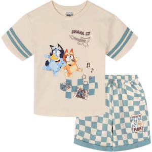 Bluey Drop Shoulder T-Shirt and Shorts Outfit Set Toddler to Big Kid Sizes (2T – 10-12)(Cream / Blue)