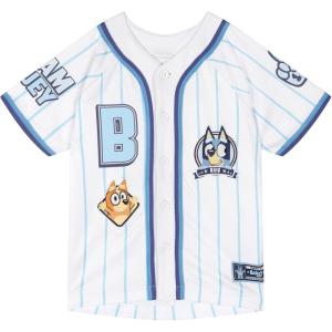 Bluey Mesh Baseball Jersey Athletic Button Down Shirt Infant to Little Kid Sizes (12 Months – 7-8)(White / Blue)
