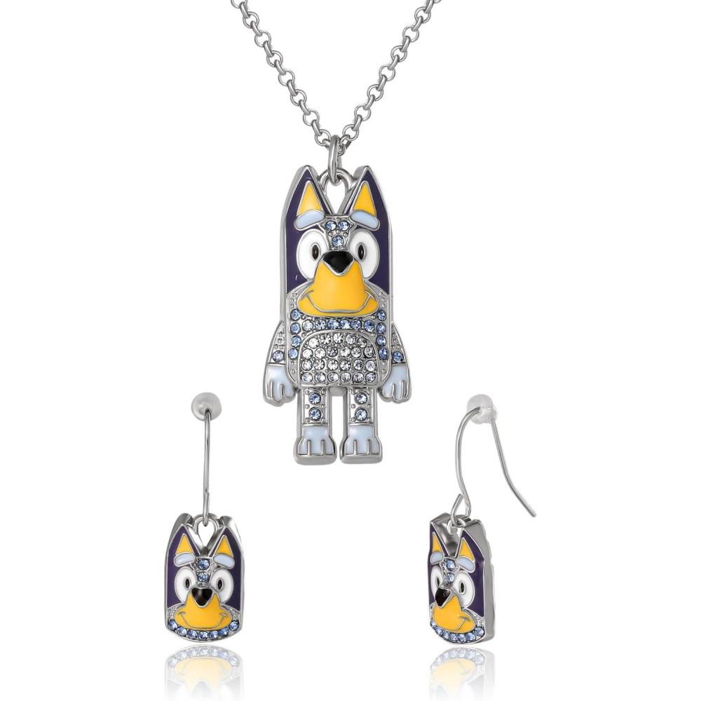 image:imageBluey Pendant Necklace and Fish Hook Earrings Set Official License Fashion Bluey Jewelry with Clear Crystals