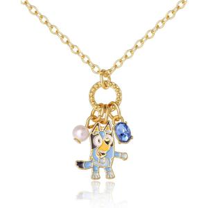 Bluey Charm Necklace Official License, 16″+2″ 18k Gold Flash-Plated Necklace with 3 Dangle Charms