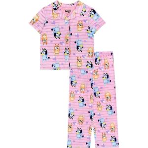 Bluey Girls’ 2-piece Loose-fit Button Down Matching Pajama Set, Soft & Cute for Kids(Bluey Hearts)